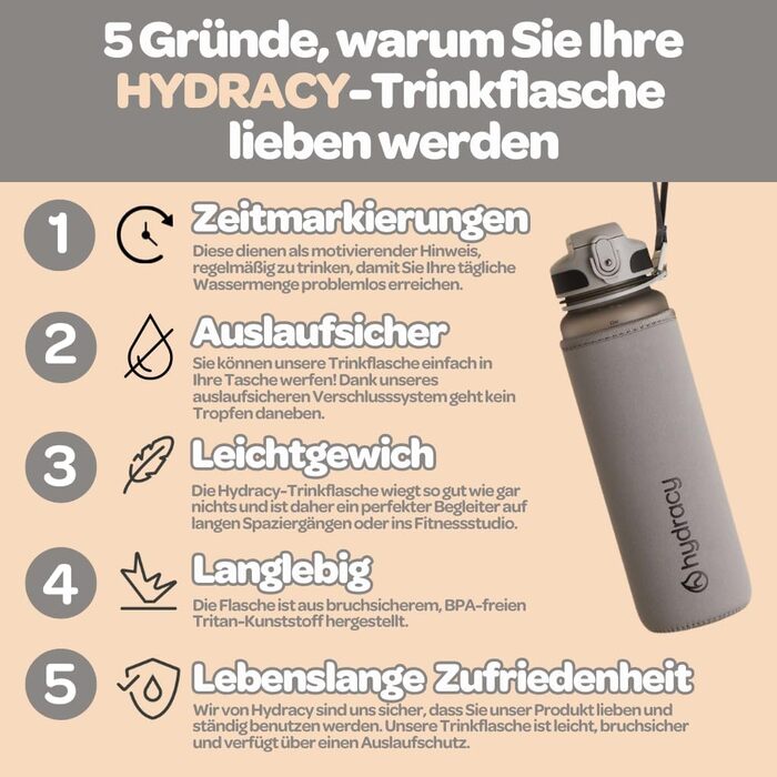 Пляшка для води Hydracy з соломинкою та міткою часу 2л - Сріблясто-сіра - BPA-free, спортивна, герметична, без конденсату