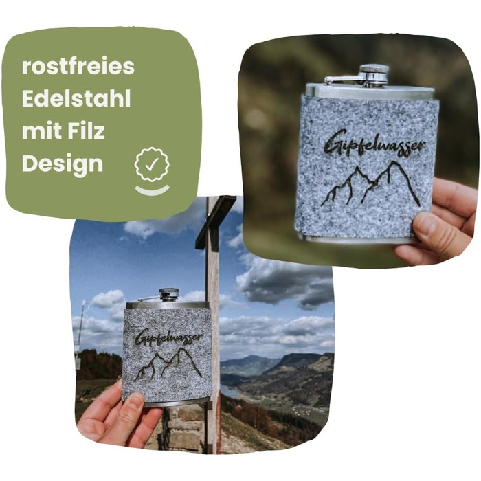Фляга Gipfelgaudi з фетровим чохлом та лазерним гравіюванням – 200 мл, нержавіюча сталь | Стильна фляга для подорожей та особливих моментів