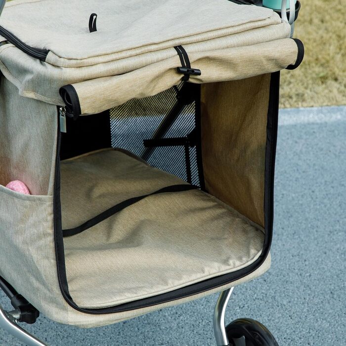 Візок для собак PawHut легкий, складаний, з алюмінію для собак та котів. З подушкою, сітковими вікнами, дверима та кошиком для зберігання. Міні-візок для маленьких собак (Хакі)