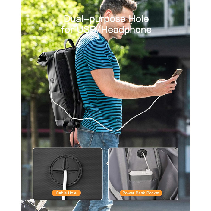 Рюкзак Inateck RollTop 25-30 л чорний, для чоловіків і жінок, міський, велосипедний, шкільний, для університету, роботи, спорту та подорожей, з відділенням для ноутбука 17