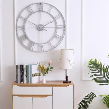 Samilito Large Wall Clock in Vintage Style, Round, Silent, Silver. Includes a FREE extra set of black clock hands. Metal clock for Loft, Living Room, Bedroom, and Kitchen decoration (Silver, 76 cm)