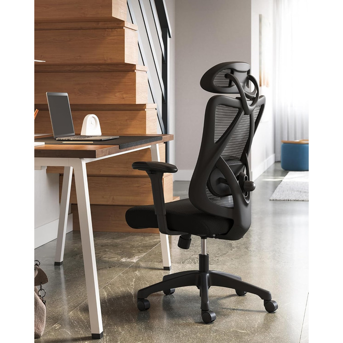 Крісло офісне SONGMICS, комп'ютерне, сітчасте, регульована поперекова підтримка та підголовник, вантажопідйомність 150 кг, регульована висота, чорний, OBN063B01