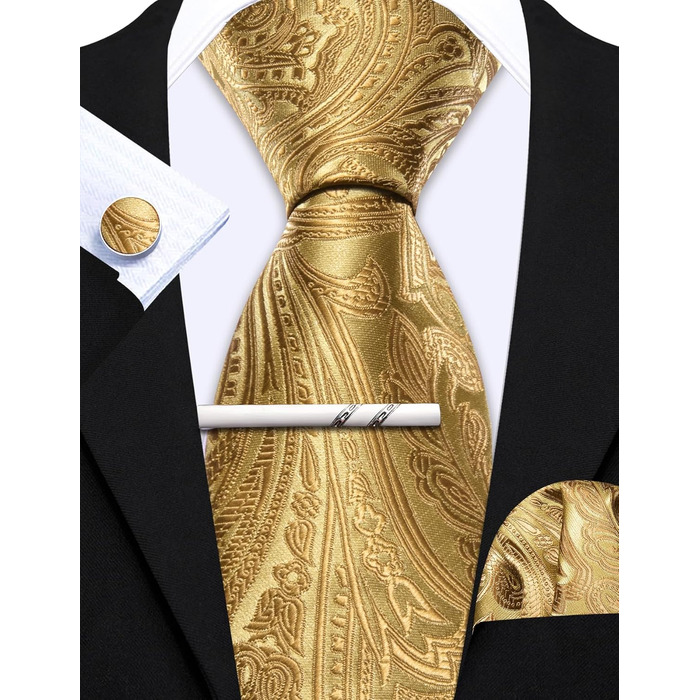Набір краваток Barry.Wang: шовкові краватки з квітковим візерунком Paisley, нагрудна хустинка, запонки та затискач для краватки. Ідеально для урочистих подій, весілля та свят. Золотий колір.