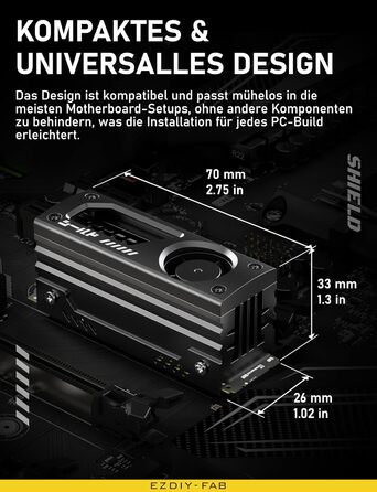 Радіатор охолодження M.2 SSD EZDIY-FAB з вбудованим 20mm PWM вентилятором, преміум-алюмінієвий дизайн, високопродуктивний кулер для M.2 2280 - Чорний - 1 шт.