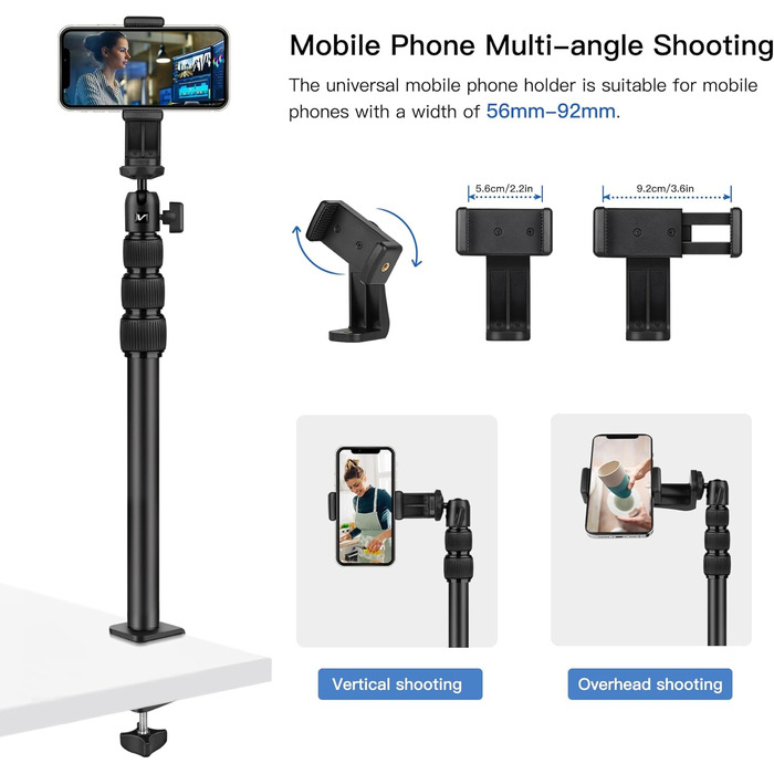 Кріплення для камери Victiv, 37-105 см, настільний штатив для DSLR Canon, світловий штатив, затискний штатив з гнучким підлокотником та 1/4' кульовою головкою для камер, LED-світла, веб-камер, смартфонів (Чорний)