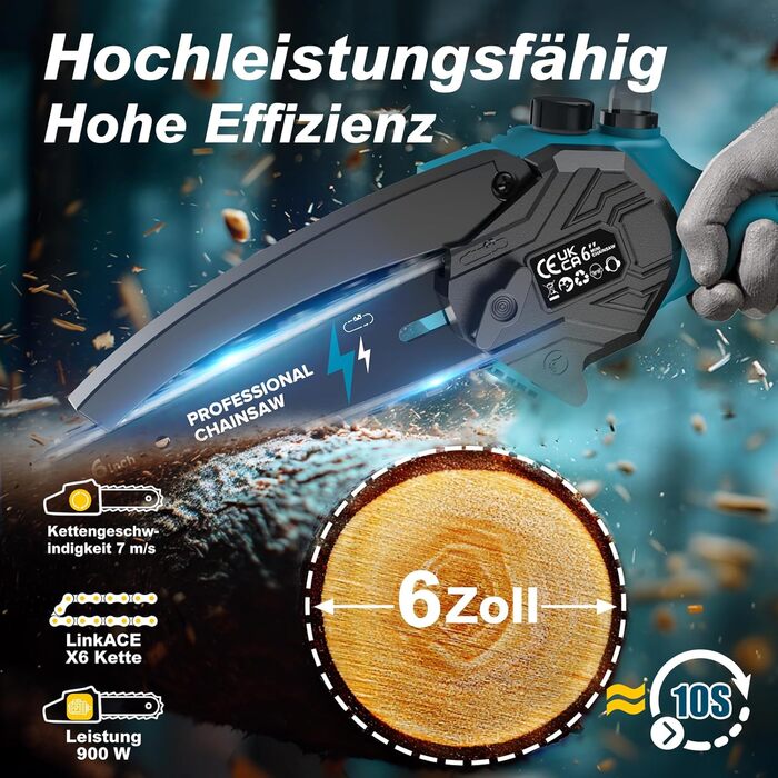 Акумуляторна міні-пила PowerCut X7 6 дюймів з автоматичним змащенням, 8000mAh, 2 акумулятори