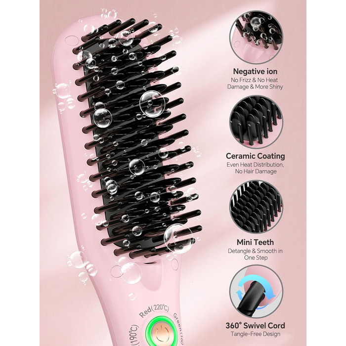 LANDOT Міні випрямляч для волосся 2-в-1: щітка-випрямляч для швидкого та легкого укладання - ідеально для короткого та середнього волосся, рожевий