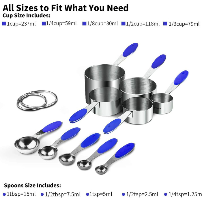 Measuring Cups: U-Shape 18/8 Stainless Steel Measuring Cups and Spoon Set with 10 Pieces, Thicker Handle, American (Blue)