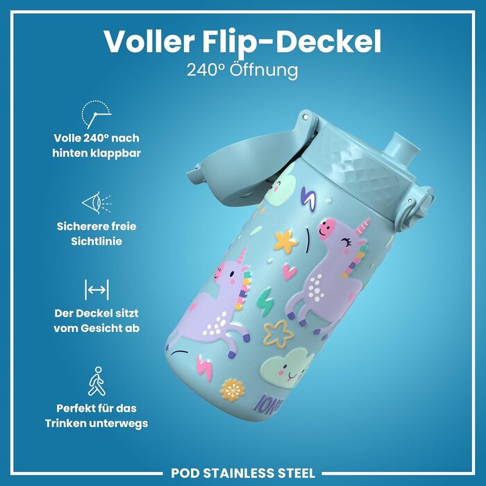 ion8 Insulated Stainless Steel Drinking Bottle 320 ml Leak-Proof One-Handed Opening Secure Locking Dishwasher Safe Flip-Top Lid Carrying Handle Easy to Clean, Durable, Unicorn (Evo, Steel, Alaskan Blue)