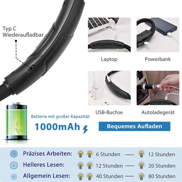 Настільна лампа LUXJET на шиї, LED, акумуляторна, 3 кольори, регулювання яскравості, для читання, рукоділля, ремонту, чорна, 3 режими (3000K-6000K)