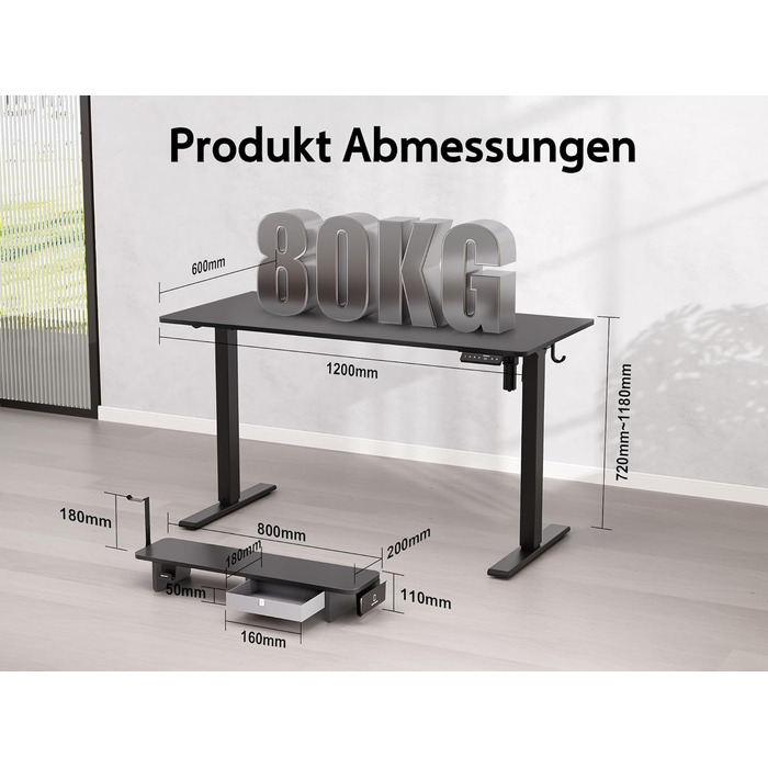 Electric Standing Desk with Drawers | Adjustable Height Desk with Monitor Stand & Phone Holder for Home Office & Office | 120x60cm Black
