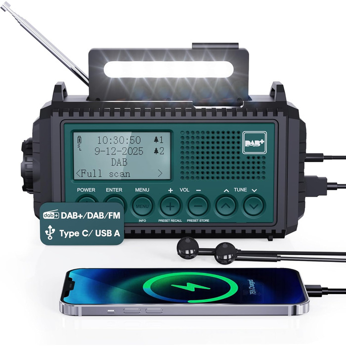 Радіоприймач Kurbelradio з DAB+/DAB/UKW, акумулятор 5000mAh, ліхтарик та світло для читання, FM, USB зарядка для телефону, динамо, SOS-сигнал, для кемпінгу та подорожей, Bluetooth, блакитний