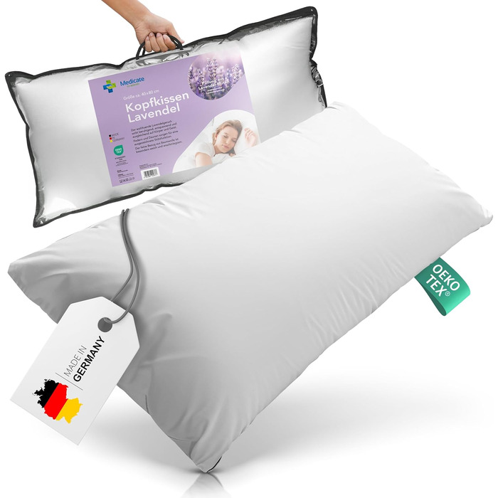 Medicate Lavender Pillow 40x80 with Down – Washable Pillow 40x80 up to 40 Degrees - Pillow for Every Sleeping Position – Down Pillow Made in Germany 40 x 80 cm