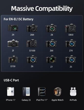 Зарядний пристрій USB-C 20W для акумуляторів Nikon EN-EL15c з SD-картрідер та індикатором заряду, сумісний з Nikon Z8, ZR, Zf, Z6III, D850, Z7II, Z6II, Z7, Z6, D7500, D750, Z5, D810, Z5, D810