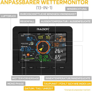 Метеостанція Raddy WF-100C Lite: Професійна бездротова метеостанція 13-в-1 з датчиком, барометром, гігрометром, термометром (внутрішнім/зовнішнім), вимірювачем вітру та дощу, прогнозом погоди для дому та саду