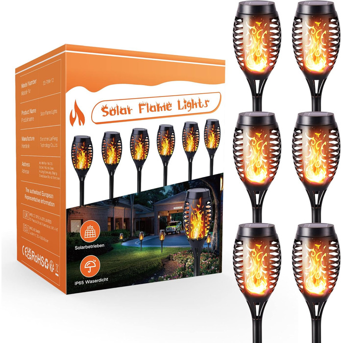Geemoo Outdoor Solar Lights - Set of 6 Garden Torches with Realistic Flame Effect