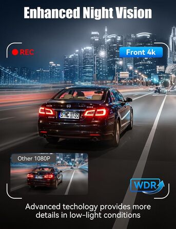 Відеореєстратор 4K Auto Передній та Задній з Хардвайр Кітом, WiFi, Паркувальний Моніторинг, 64GB SD Карта, 3-Канальна Автокамера з Нічним Баченням, 170° Широкий Кут, WDR, G-Сенсор, Циклічна Запис, Керування через APP
