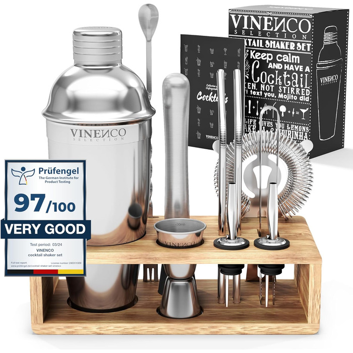 Cocktail Shaker Set with Stand & Recipe Book: Premium Stainless Steel Bar Cocktail Set, Cocktail Shaker, Measuring Jigger, Straws, Bar Spoon, Muddler | Bartender Bar Set Cocktail Accessories Gift for Women Men