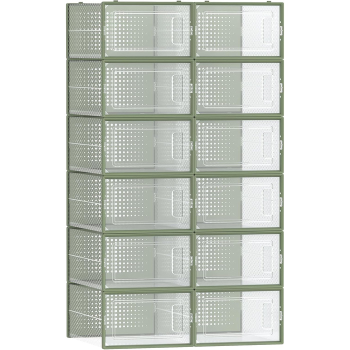 SONGMICS Shoe Boxes, 12-Piece Set, Plastic Shoe Organizer, Foldable and Stackable, for Shoes up to Size 44, Transparent-White LSP12SWT (12-Piece Set for Shoes up to Size 44, Transparent + Laurel Green)