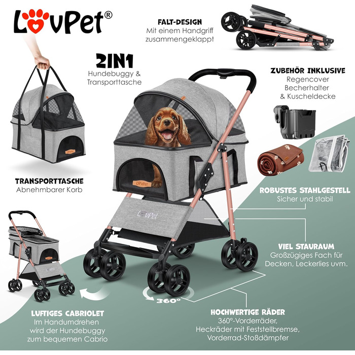 LOVPET® 2-in-1 Pet Stroller - Dog Buggy, Carrier & Jogger for Pets up to 20kg - Foldable, Grey