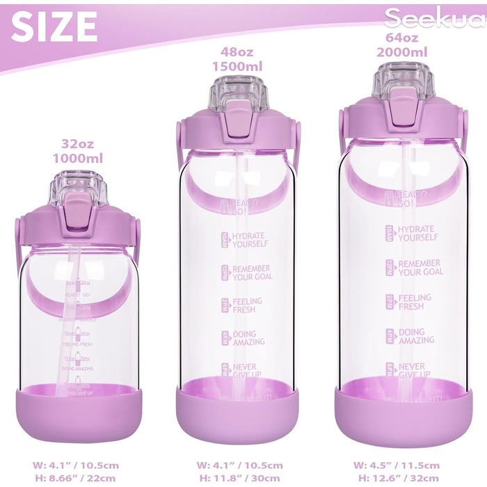 2L Glass Bottle | Glass Drinking Bottle with Straw & Time Marker, Leak-Proof 2 Liter Large Glass Water Bottle for Smoothies, Carbonated Drinks Suitable, Dishwasher Safe