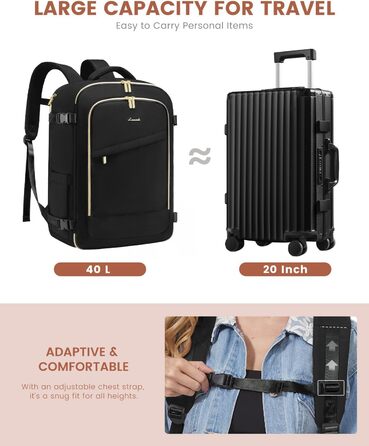 Рюкзак LOVEVOOK для ручної поклажі в літак, 40L, водонепроникний, з відділенням для взуття, для ноутбука 17.3 дюймів, чорний