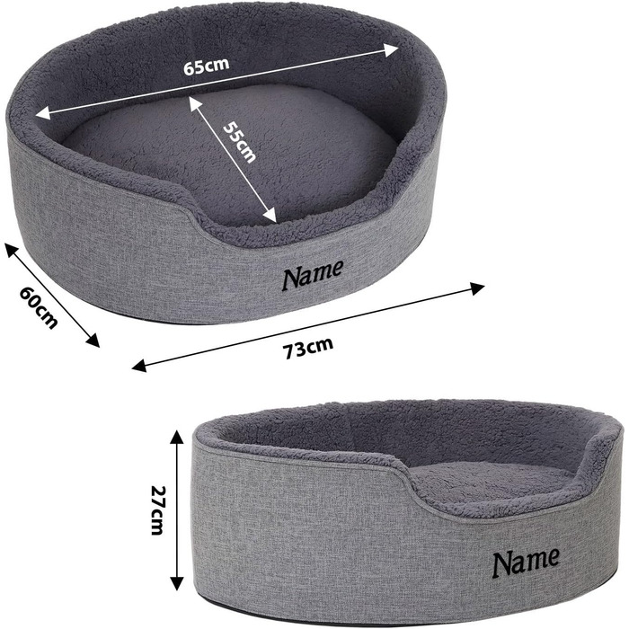 Lionto Dog Bed with Reversible Cushion and Washable Cover, Stable Dog Basket with Anti-Slip Studs, 92x72 cm, Cozy Pet Bed for Dogs and Cats with Plush, (Grey, L 73 x W 60 x H 27 cm (with name tag))