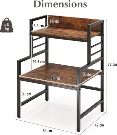 Полиця для мікрохвильової печі KOMFOTTEU 52x42x78 см, кухонна полиця з регульованими ніжками та захистом від перекидання, економна полиця для каструль, сковорідок, тарілок та мисок, коричнева