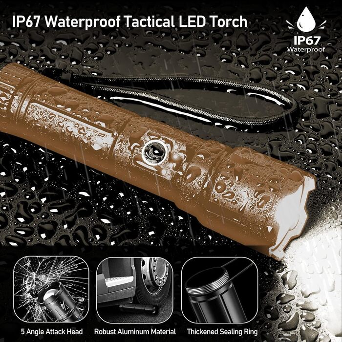 Ліхтар LED Blukar, перезарядна, надпотужний, з регулюванням фокусу, 5 режимів, водонепроникний IP67, для кемпінгу, туризму, риболовлі, надзвичайних ситуацій (колір: коричневий)