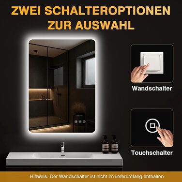 Дзеркало для ванної кімнати з підсвічуванням 50 x 70 см, LED дзеркало з протизапарюючим покриттям, 3 кольори світла, регулювання яскравості, прямокутна форма, сенсорне управління, функція пам'яті, горизонтальне/вертикальне кріплення, без рамки