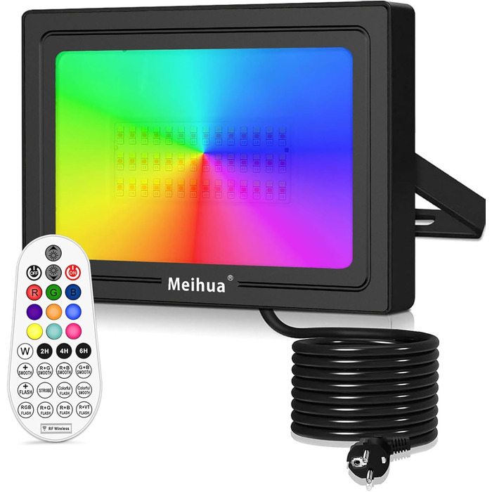 MEIHUA 60W RGB Spotlight with Remote Control, IP66 Waterproof, LED Floodlight, Color Changing, Dimmable, 10 Colors, 12 Modes with Timer, RGB Projector, Colorful for Garden, Disco, Tree, Landscape, Mood Lighting