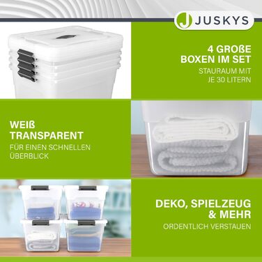 Juskys Storage Box with Lid - Set of 4 Plastic Boxes 45L - Large Box, Stackable, Transparent - Storage Organization System Storage Boxes (Set of 4 - 30 Liters)