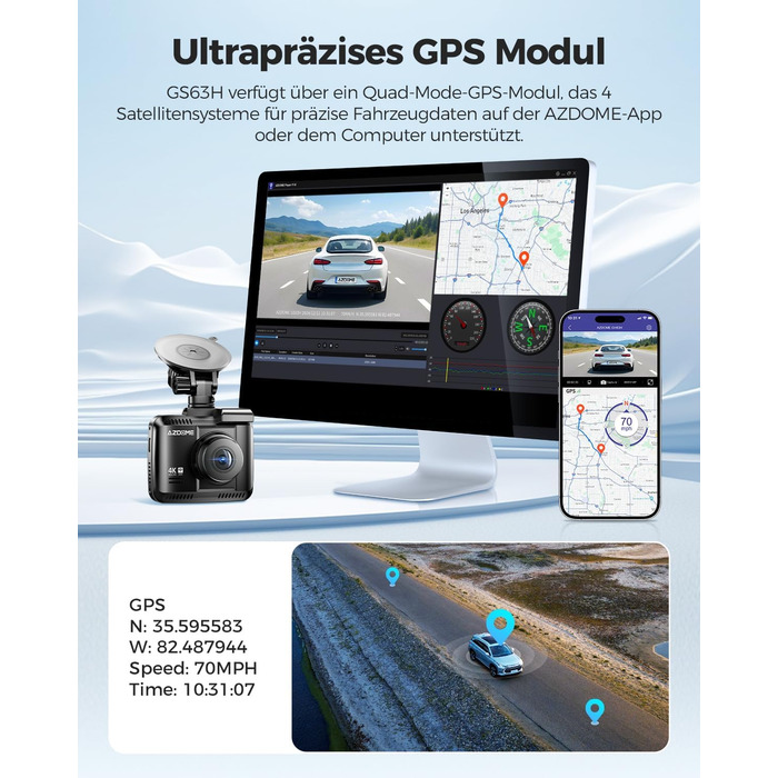 Відеореєстратор AZDOME GS63H 4K з Wi-Fi, GPS, Нічне бачення та Широким кутом 170°, WDR, IPS 2.4', Паркувальний режим, Детектор руху, Циклічна запис