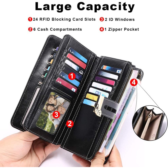 LUROON Wallet for Women Large with Many Compartments, Leather Wallet for Women Large with 24 Card Slots, RFID Women's Wallet Long Wallet for Women with Phone Pocket and Zipper