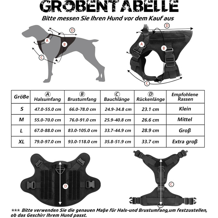 Шлейка для собак Rabbitgoo для великих собак без натягу, тактична нагрудна шлейка з MOLLE, металеві пряжки, дихаюча, військова, чорна, розмір L (1 шт.)