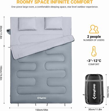 KingCamp Double Sleeping Bag - Winter Adult Sleeping Bag for 2 People with Carry Bag - Outdoor Camping (Gray)