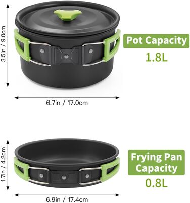 Oushome 16-Piece Camping Cookware Set for 2 People - Portable Cooking Set with Pots, Pans, Kettle, Cups, Plates - Green