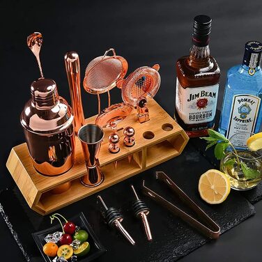 Набір для коктейлів Hansum, 18 предметів, нержавіюча сталь, рожеве золото, з дерев'яною підставкою для бармена