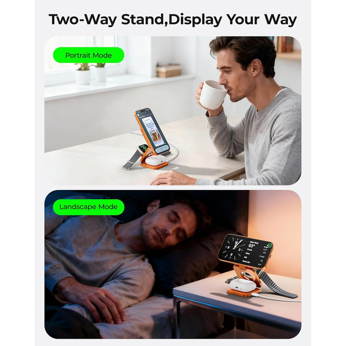 Зарядний пристрій 3-в-1 LULULOOK Ultra Kompakt Qi2.2 25W, MagSafe для iPhone 17/16, Apple Watch, AirPods, GaN 45W, помаранчевий