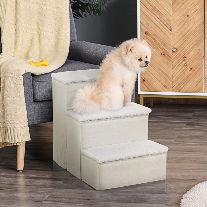 PawHut Pet Stairs Cat Stairs Dog Stairs Folding 3 Steps Pet Stairs with Storage for Cats and Dogs MDF White 40 x 54 x 48 cm