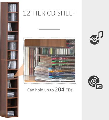 Стелаж HOMCOM для зберігання CD та DVD, 12 секцій, до 204 дисків, 21x20x175 см, коричневий