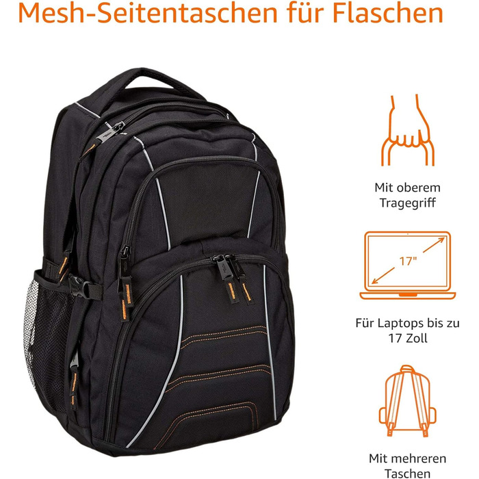 Рюкзак для ноутбука Amazon Basics, чорний, 17 дюймів, з м'якими лямками та органайзером для ручок, ключів і телефону