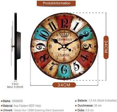 VIKMARI Quartz Wall Clock Wood Silent Hanging Clock, Battery-Powered Round Rustic Clock, Easy to Read Vintage Interior Wall Clock |Colorful Arabic Numerals|14