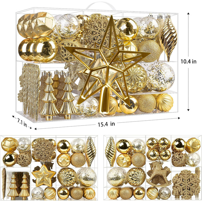 100 шт. Новорічні кулі SHareconn: набір пластикових, безпечних, різних розмірів та кольорів, для прикраси ялинки (внутрішнє та зовнішнє використання), золоті