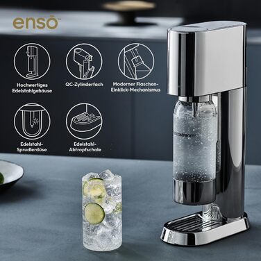 SodaStream® enso™ Преміум Газовий Напоєвник | Нержавіюча сталь, дизайн Naoto Fukasawa | З пляшкою 1 л без BPA та серветкою | Проста заміна CO2, Срібний Enso без балончика