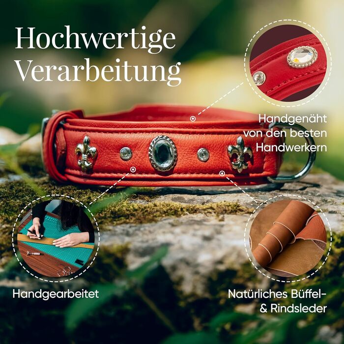 Julieta Leine, Leather Dog Leash, Leather Lead Dog, MATCHES Julieta Collar, Red, Leather, with Lilies, Rhinestones, and a Large Crystal (Neck circumference 52-58cm)