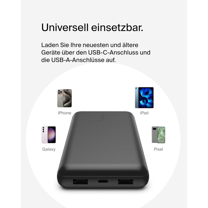 Powerbank Belkin 20000mAh з USB-C та USB-A: заряд для iPhone, Galaxy, Pixel, iPad, AirPods та інших пристроїв – Чорний