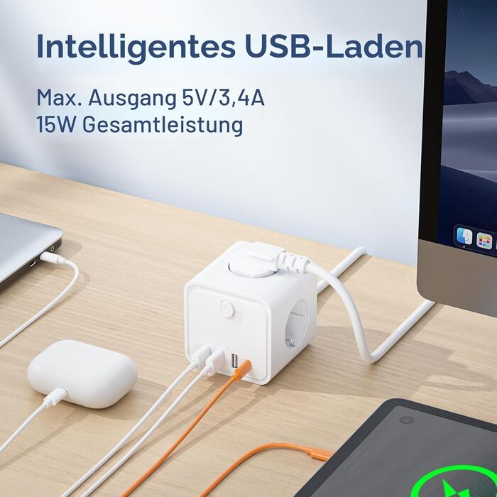 Мережевий фільтр (подовжувач) 7 в 1 з USB-портами, 3 розетки, з вимикачем, кабель 2м, білий — для дому та офісу