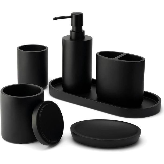 DELUXXOO® Набір аксесуарів для ванної кімнати 6 шт. чорний матовий: органайзер, диспенсер для мила, мильниця, стакан для зубної щітки, піднос, ящик для зберігання