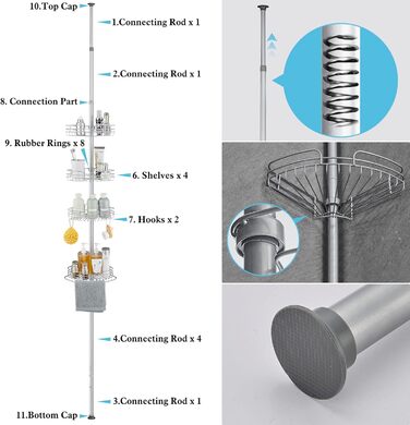 DUFU Кутовий полиця для душу з 4 кошиками, металева, регульована висота 73-265см, без свердління, антиковзаюча, сіра